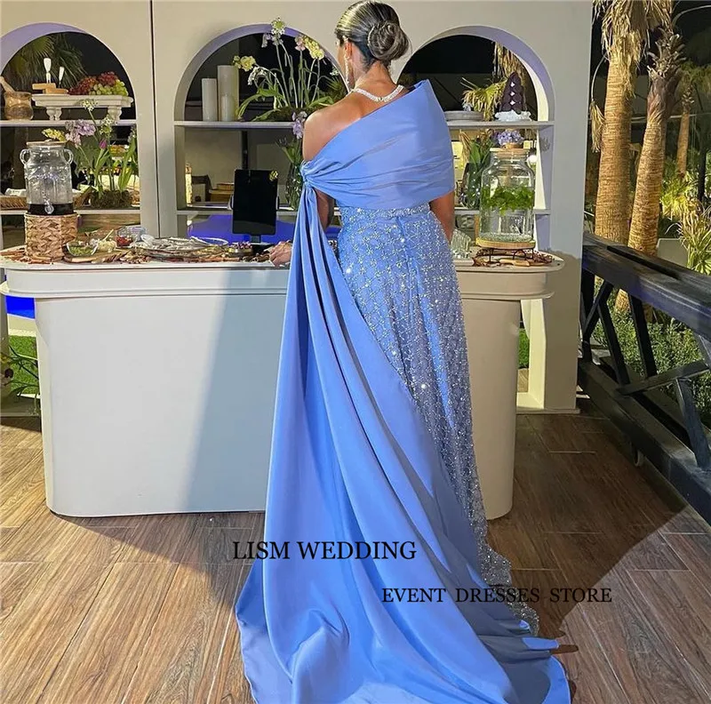 LISM Saudi Arabic Women Blue Evening Dresses With Jacket Glitter Formal Partty Gowns Prom Occasion Dress Vestidos de fiesta