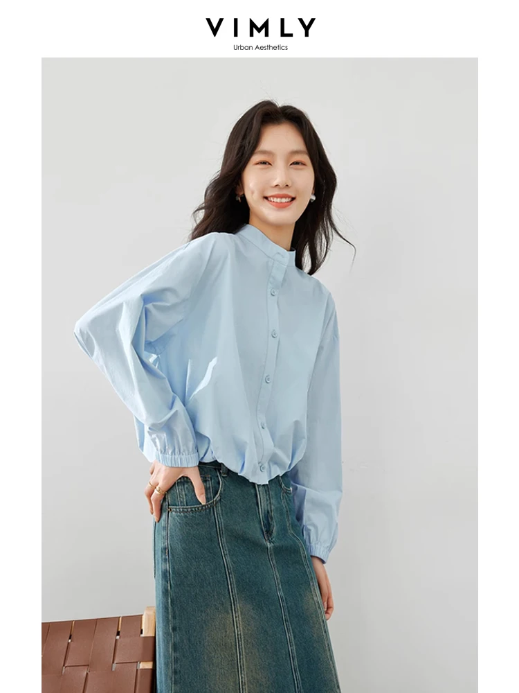 

Vimly New Chinese Style Spring Shirt 2024 Cotton 100% Short Shirts & Blouses Stand Collar Elastic Hem Long Sleeve Top M5371