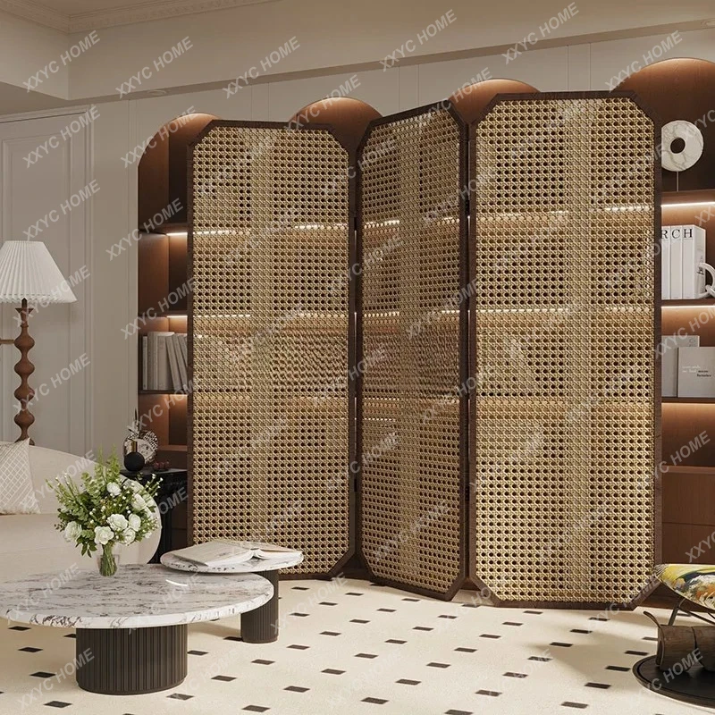 

Medieval wabi-sandy wind solid wood folding mobile screen simple rattan screen partition living room entrance office