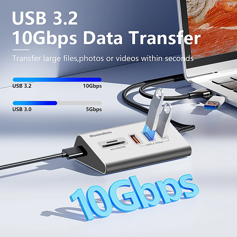 Blueendless Aluminium USB3.2 Gen2 10Gbps 5 Ports HUB with TF SD Card Reader USB-A/USB C Hub 4 IN 1 for PC Computer Laptop MacBoo