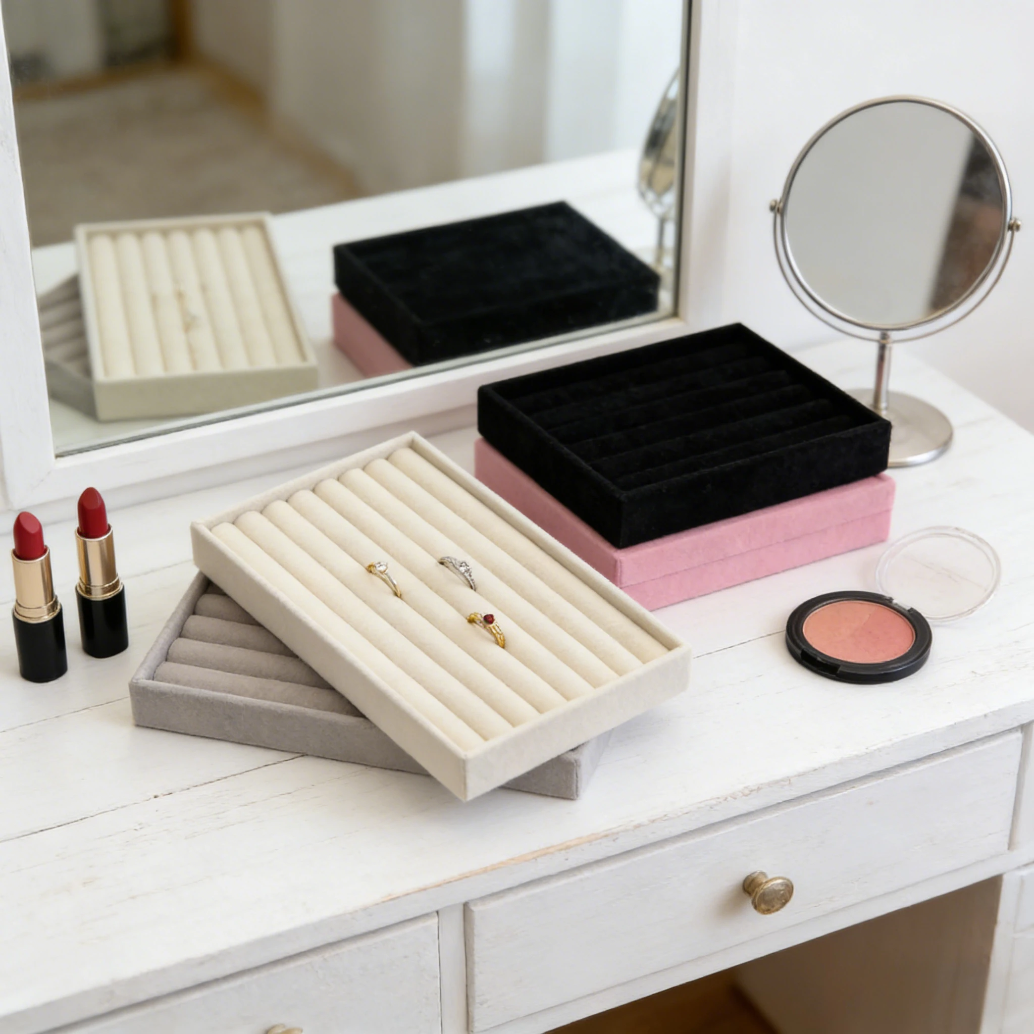 Expositor de Joias de Veludo Empilhável, Suporte Exquisito para Joias, Organizador Portátil para Anéis, Brincos e Colares