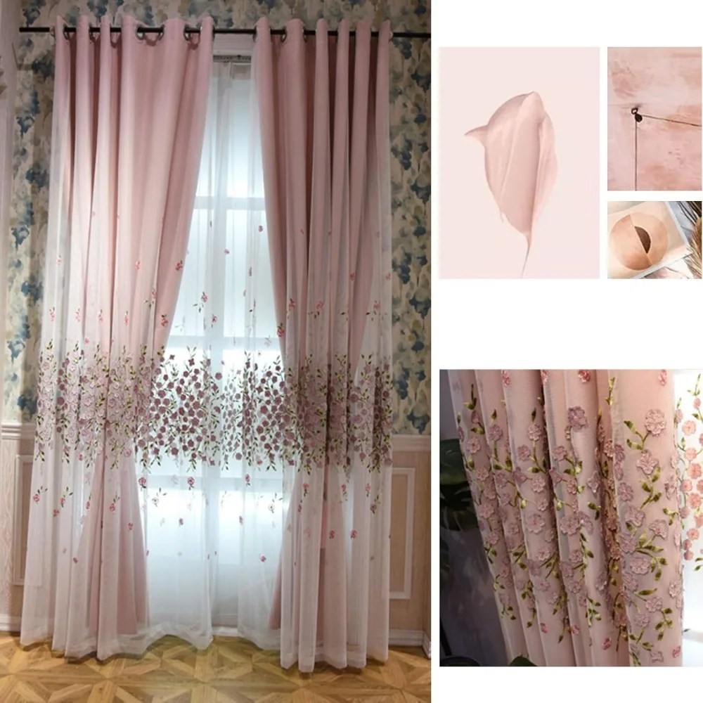 1 PC-Jacquard-Fenstervorhänge, romantischer Voile-Vorhang, doppellagige, mit Blumen bestickte Vorhänge, Verdunkelung für Mädchenzimmer (Farbe: Ho