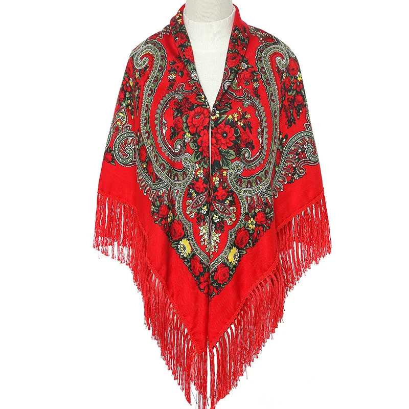 51*51in Women Scarf Square Shawl Retro Fringed Cotton Print Scarves Hijab Wraps Russian Ukrainian embroidery Cape Bandana