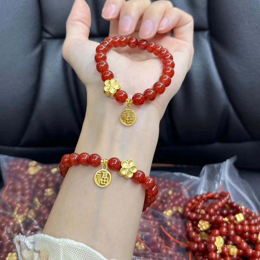 Vergoldete Blume 8mm natürliche rote Achat Glücks perlen Perlens trang Armbänder für Frauen weiblichen Schmuck Zubehör Geschenke ybr1048