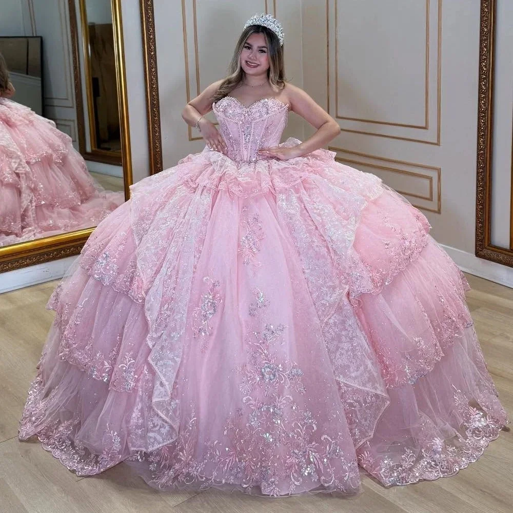 

Розовые платья Quinceanera, бальное платье с милой аппликацией, расшитое бисером, Sweet 16, платья 15 лет, по индивидуальному заказу