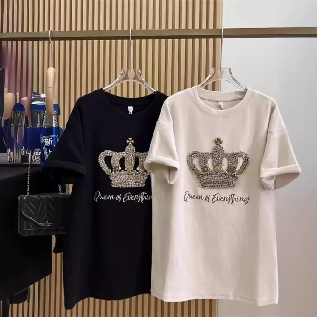 

L-4XL Plus Size T-shirts for Women Crown Rhinestone Loose Summer Short Sleeve Tops Casual Women Clothing Занзеа Женская Одежда