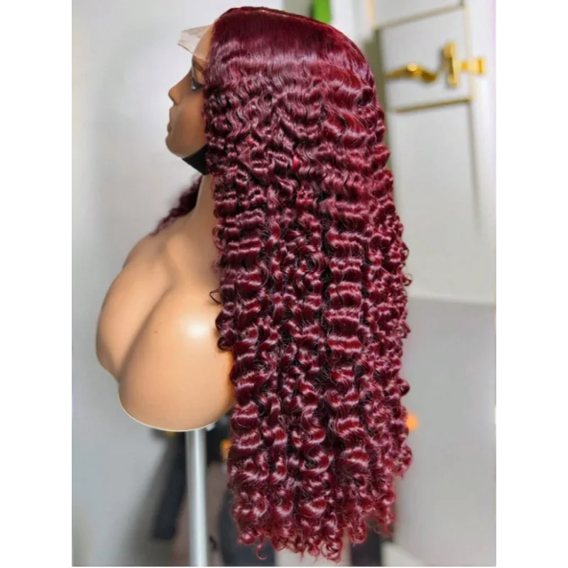 99j Burgundy Deep Wave Lace Front Wigs Brazilian Hair 34 Inch Human Hair 13x4Hd Lace Wet And Wavy Wig Wine Red Colored 250% Density
