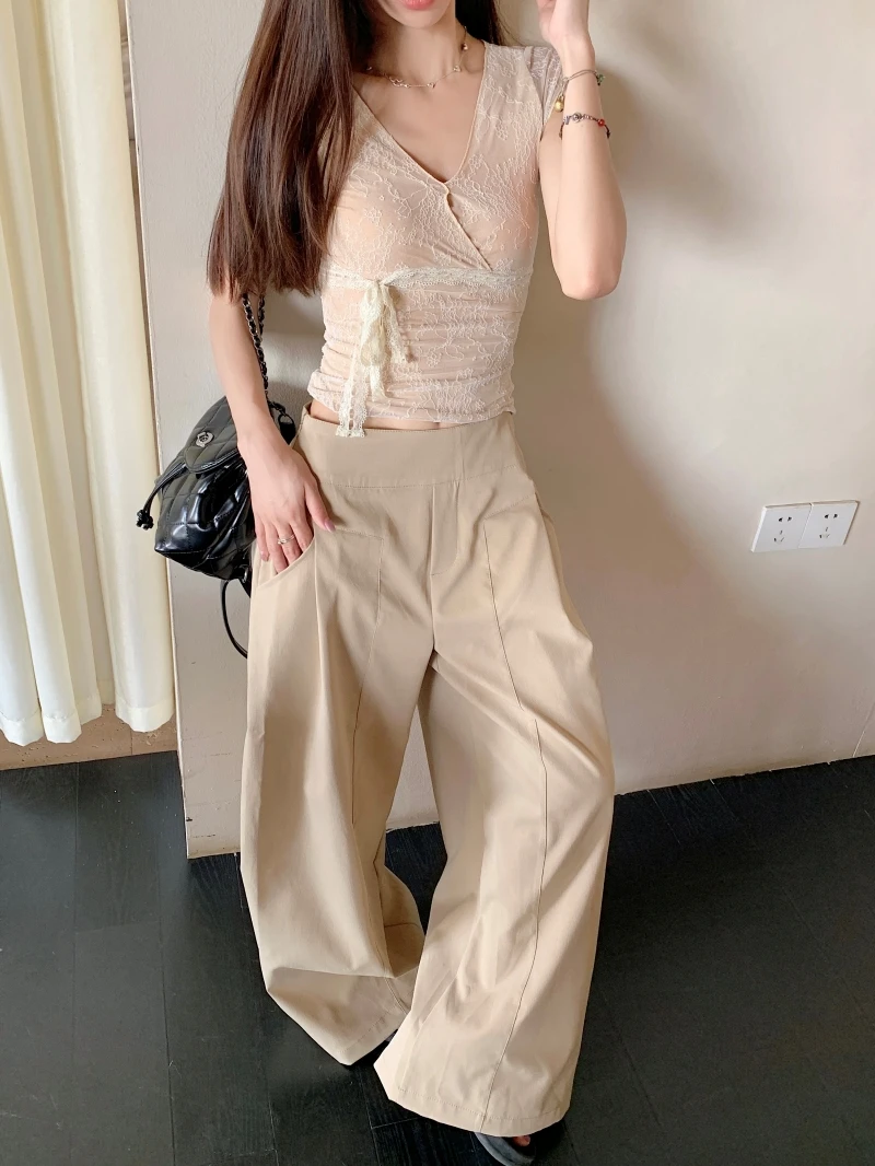 Retro minimalistisch ontwerp geplooide kaki casual cargobroek voor dames lente/zomer hoge taille zak losse broek met rechte pijpen