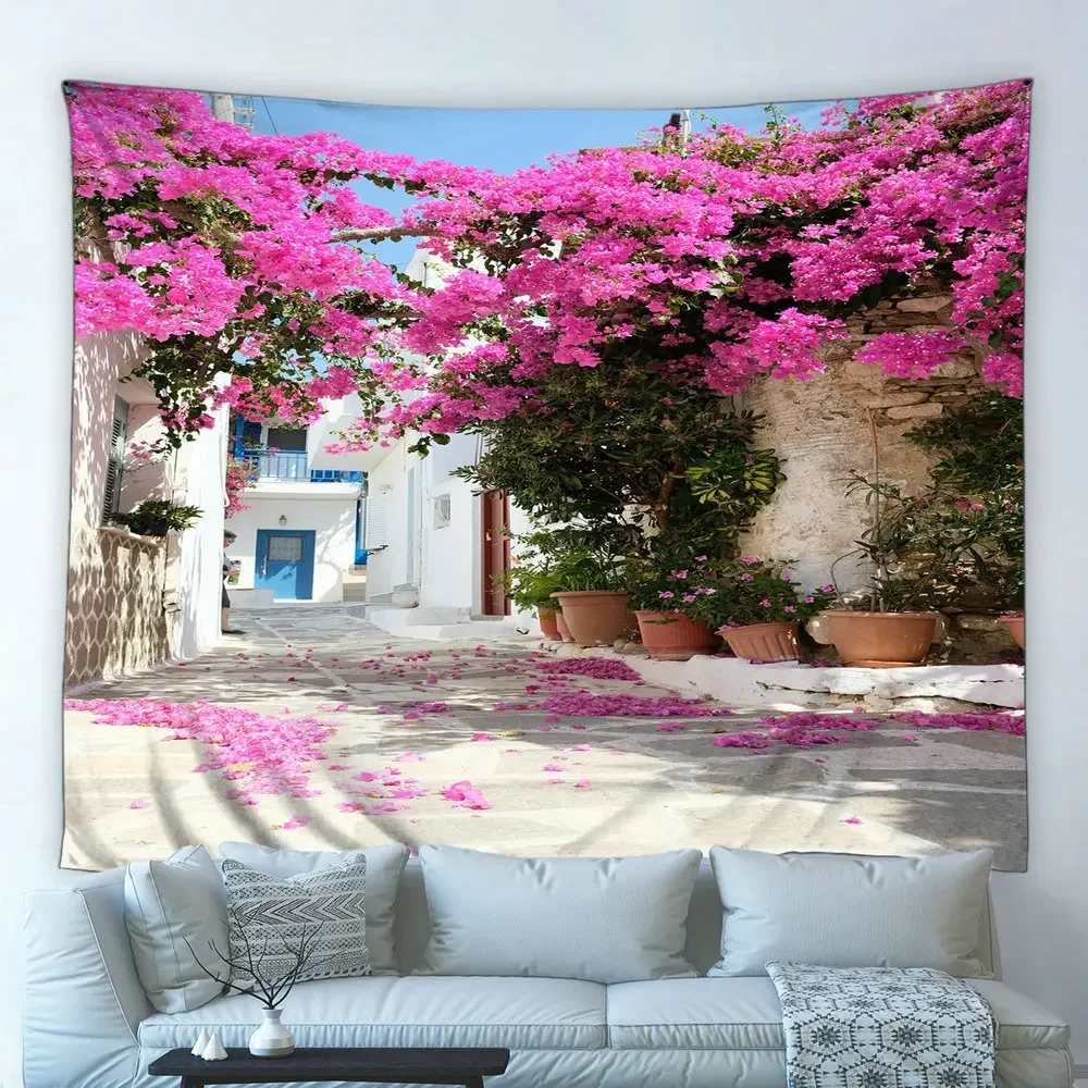 Greek Scenery Big Tapestry Country Retro Town Street Plants Flowers Background Wall Hanging Cloth Living Room Bedroom Home Decor