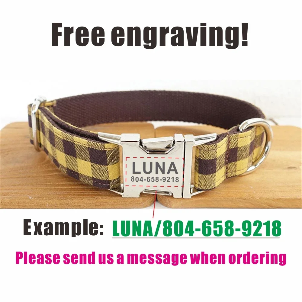 Personalized Dog Collar with Free Engraving, Matching Pet Leash,Customzied Contacts Metal Buckle,Brown Yellow Plaid Pet Collars