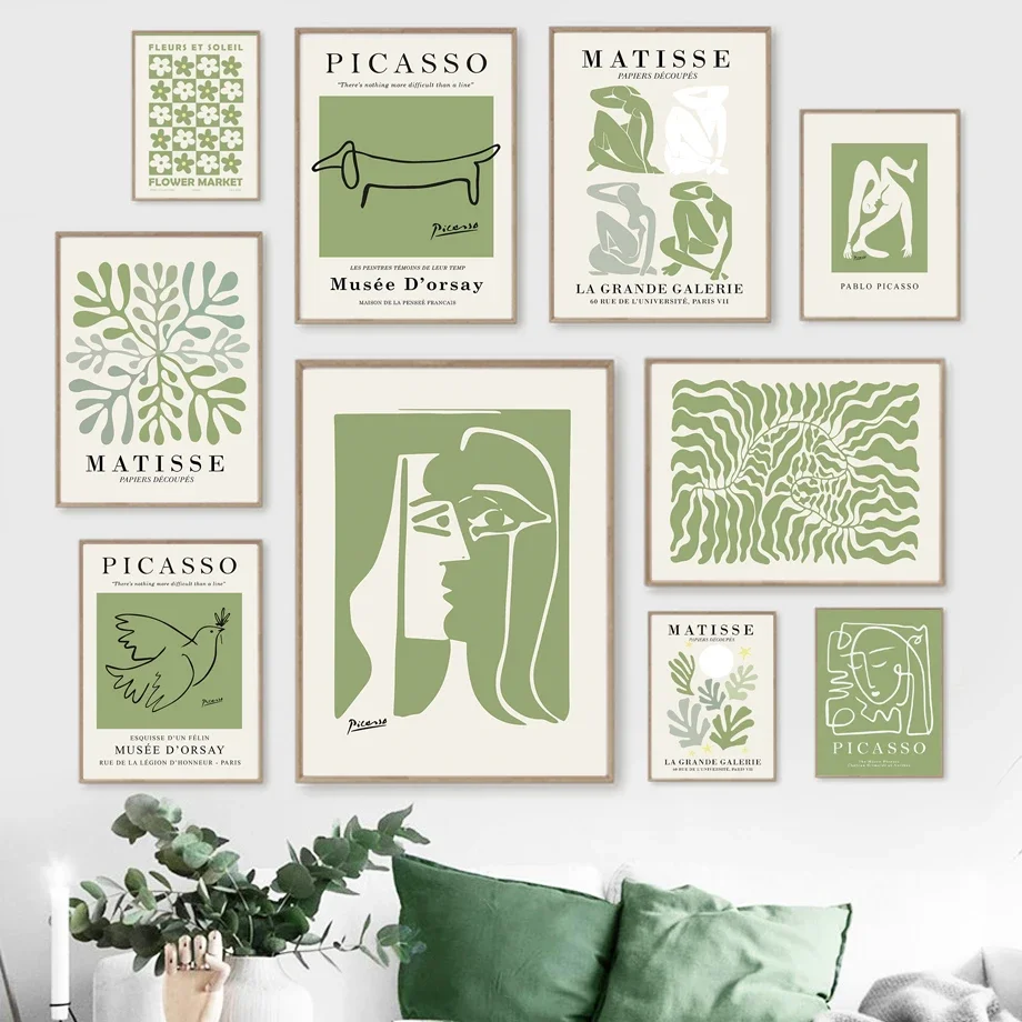 Impresiones de carteles minimalistas de Henri Matisse Picasso, pinturas en lienzo, dibujo Floral verde abstracto, imágenes artísticas de pared para decoración del hogar