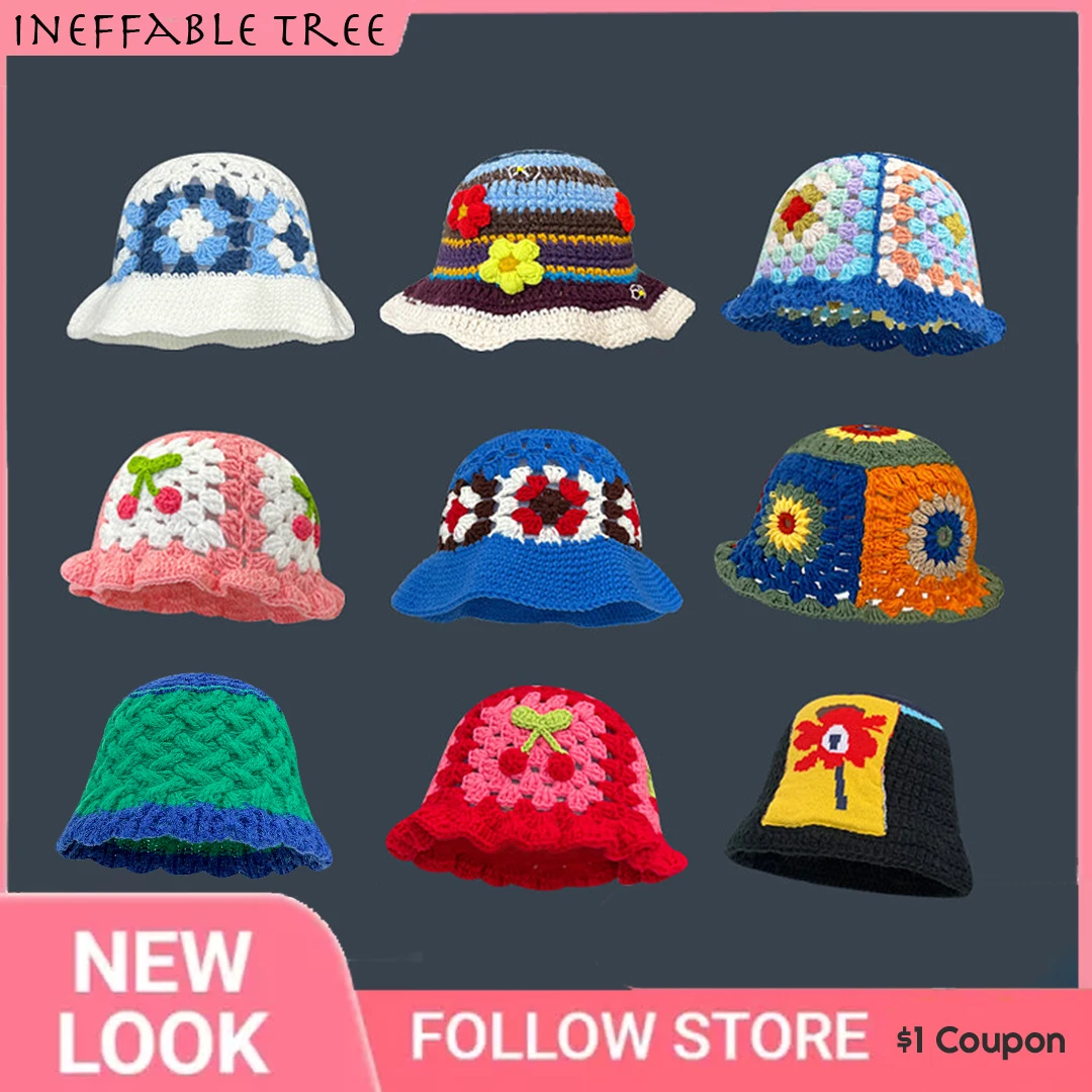 24 Opts Y2K Women\'s Crochet Flower Bucket Hat Handmade Knitted Cap Floppy Korea Panama Caps Foldable Sunscreen Hat Femme Sun Bob