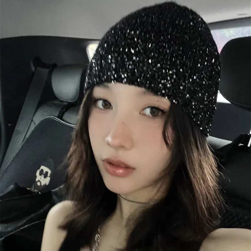 Korean Sequined Knitted Beanie Lady Y2K Stree Hip-hop Personality Warm Skull Hat Brimless Pullover Girls Cool Bling Caps Women