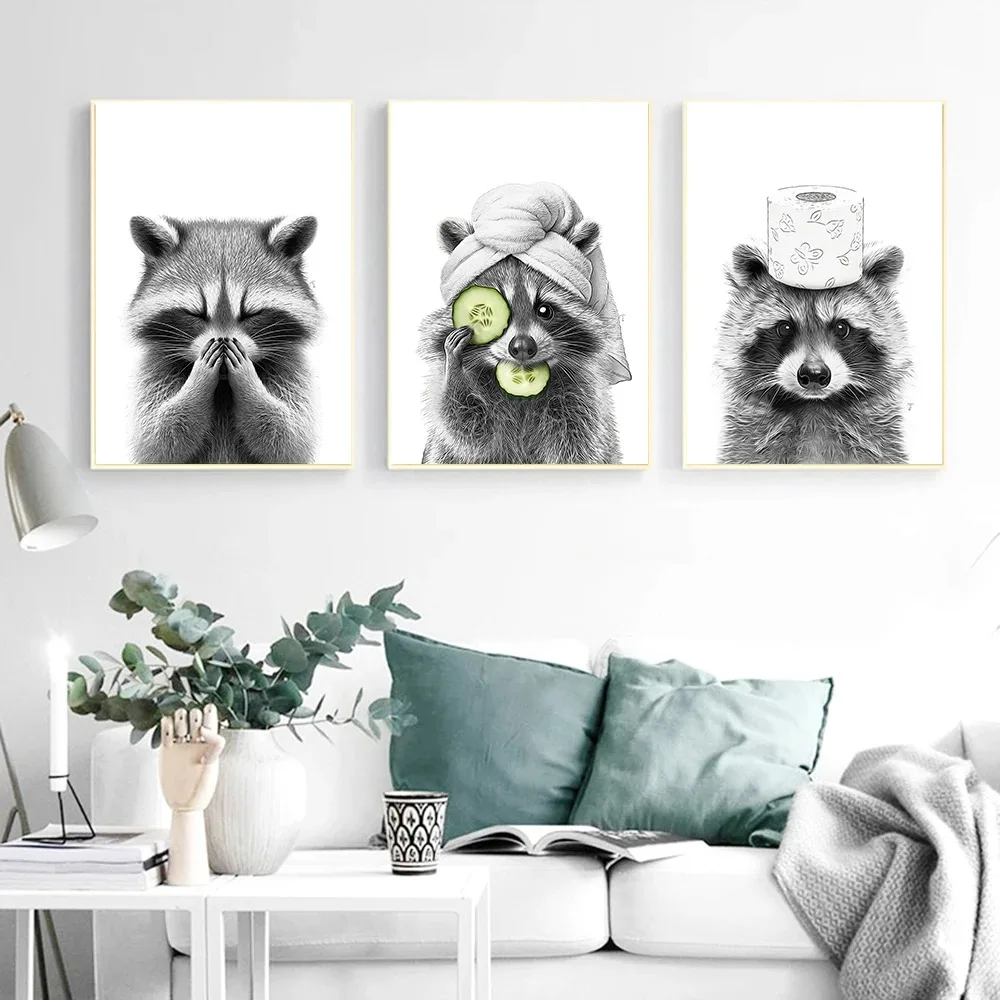 Cute Raccoon Bathroom Roll Paper Plate Painting Canvas Painting Fun Toilet Canvas Animal Cute Pictures Home Decoration