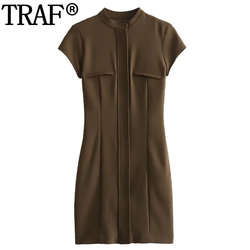 TRAF 2024 Bodycon Mini Dress Woman Short Sleeve Pockets Short Dresses For Women Summer Zip Up Cheap Casual Womens Dresses