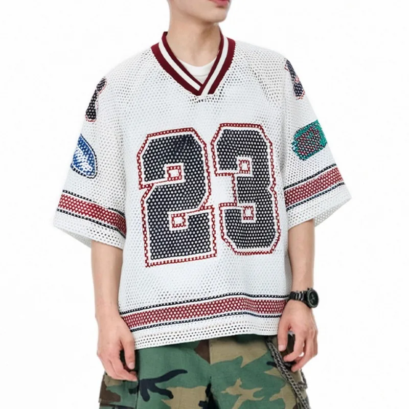 American Rugby V-neck Print Jersey Mesh Knit Short Sleeved T-shirt Men's Retro Sports Spring Summer Blouse Tops Clearance Sale