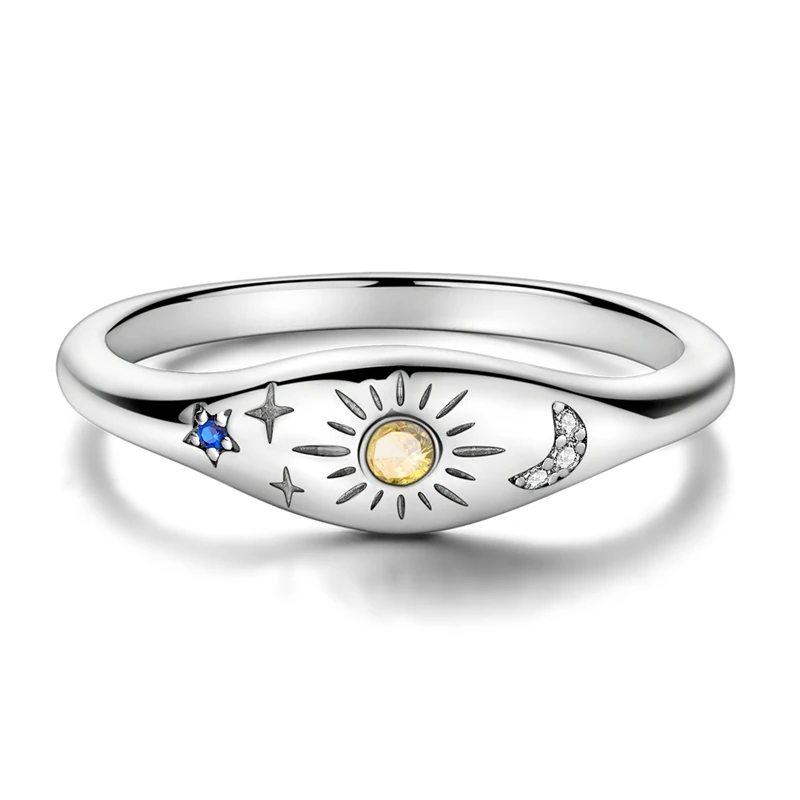 

Original 925 Sterling Silver Sparkling Eternal Sun Moon and Stars Ring For Women Girls Jewelry Birthday Anniversary Gifts