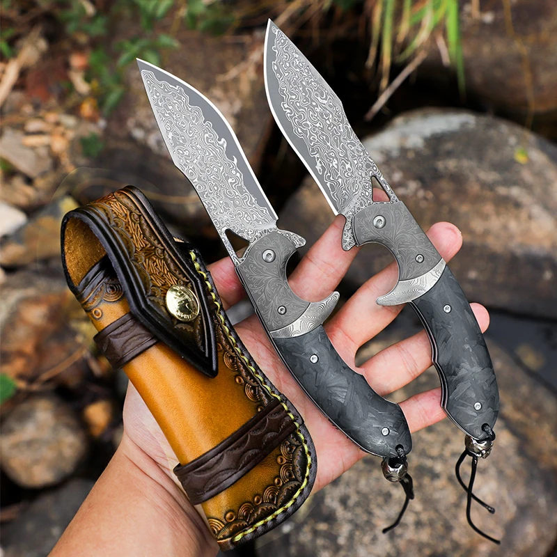 High-quality Damascus steel pocket knife, men's EDC survival folding knife, with sheath, camping, hunting, and fishing knife