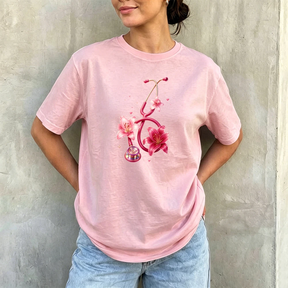 Pink Stethoscope Lily Floral Nurse Women Summer Cotton T Shirt Medical Worker Gentle Girly Graphic Daily Top