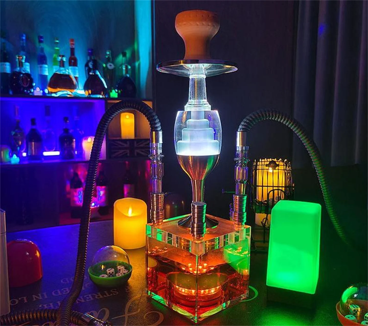 Desk Lamp Style Bar Hookah Complete Set Arabic Shisha Pipes LED lights - 4 Hose Ports & Acrylic Base & Ceramic Bowl