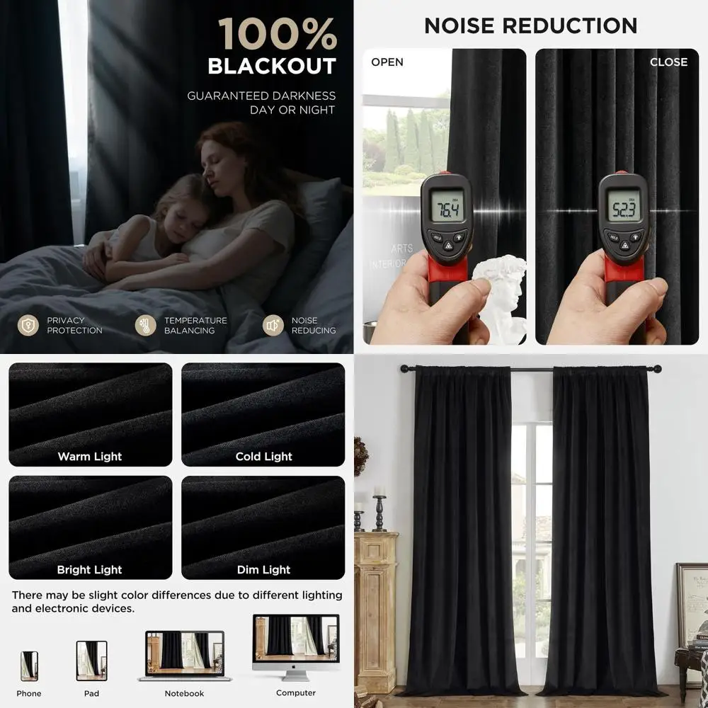 

Термоизолирующие шторы из черного бархата, комплект из 2 панелей (108 дюймов) для спальни/гостиной, звукоизоляционные светонепроницаемые занавески, с карманом для карниза и подкладкой.