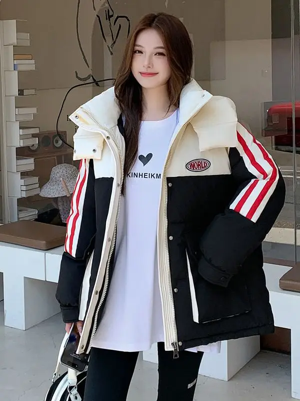 معطف نسائي من القطن كبير الحجم لعام 2025 سترة شتوية كورية دافئة غير رسمية بقلنسوة سترات منتفخة سميكة ملابس ثلج خارجية #2