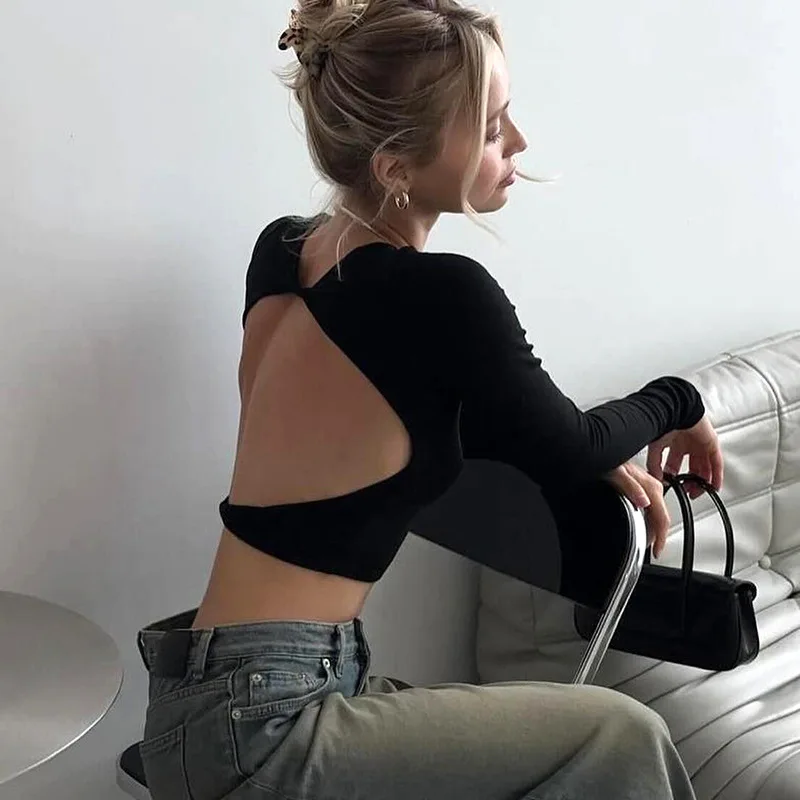 

Cutenew Fashion Wild Women T-shirts Classic Concise Back Cut Out Full Sleeve Skinny Crop Tees Female Trend Matched Streetwear