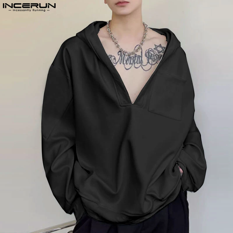 

INCERUN Men Hoodies Solid Color Hooded V Neck Long Sleeve Loose Casual Sweatshirts Men Streetwear 2024 Fashion Leisure Pullovers