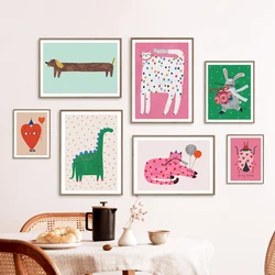 Cartoon Pink Cat Rabbit Dinosaurs Hot Dog Jungle Animal Wall Art Canvas Painting Nursery Poster And Prints Baby Kids Room Decor
