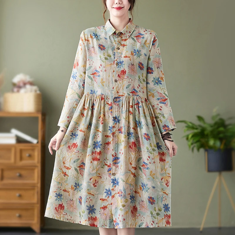 Retro-Blumendruck Midi Dr Single Button Nine Sve Collar Patchwork-Kleid A-Linie Silhouette Pendeln Sle Herbstkleidung