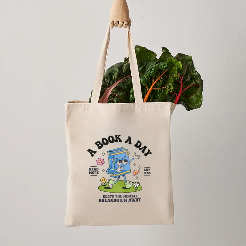 A Book A Day Canvas Totes for Women Stylish Portable Tote Handbags Travel Shopping Toilet Storage Clutch Kawaii Gift for Her