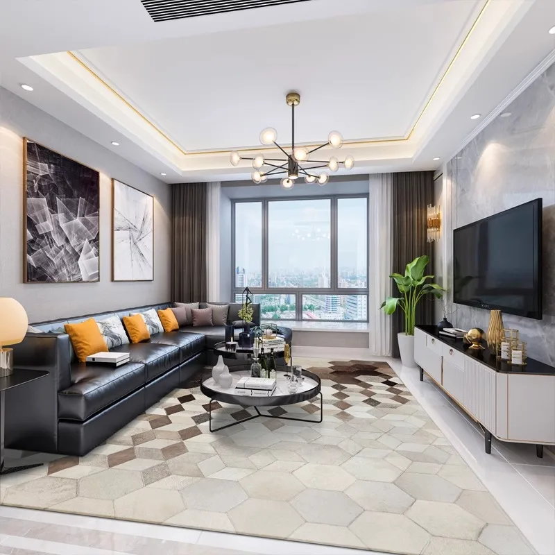 Simple Geometry 3D Pattern Carpet Living Room Real Cowhide Handmade Home Rug Large Customize Luxury Villa Carpet Bedroom Mat