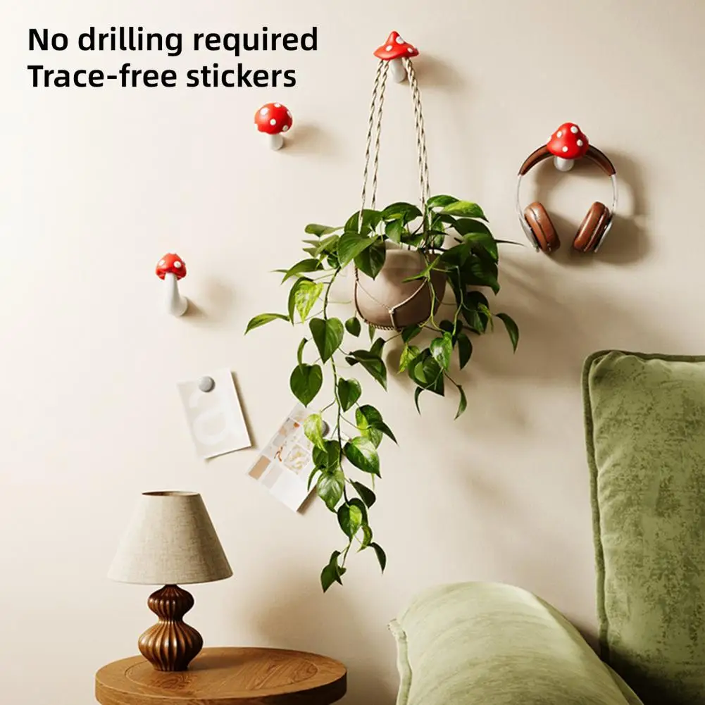 Cute Mushroom Wall Hook Decorative Key Holder Hook No Drill Wall Mounted Red Mushroom Hook for Bedroom Bathroom Entryway Coat Sc