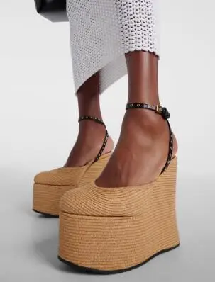 

New Women Apricot Grass Woven Slope Thick Sole Platform Round Toe Wedges Summer Sandals Ankle Buckle Strap Slingback Pumps Shoes