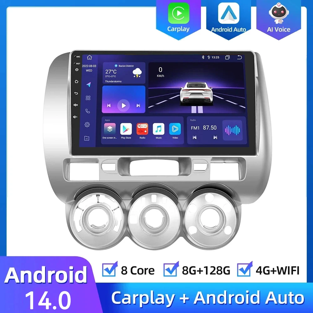 Wireless Carplay Multimedia Video Player Android 14.0 Car Radio For Honda Fit Jazz City 2002 - 2007 GPS Navigation 2Din DVD WIFI