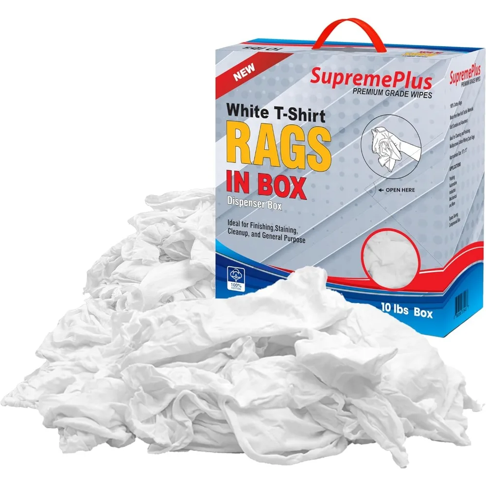 

Compressed ten pound white cotton t shirt rags for cleaning staining painting oil grease dust removal