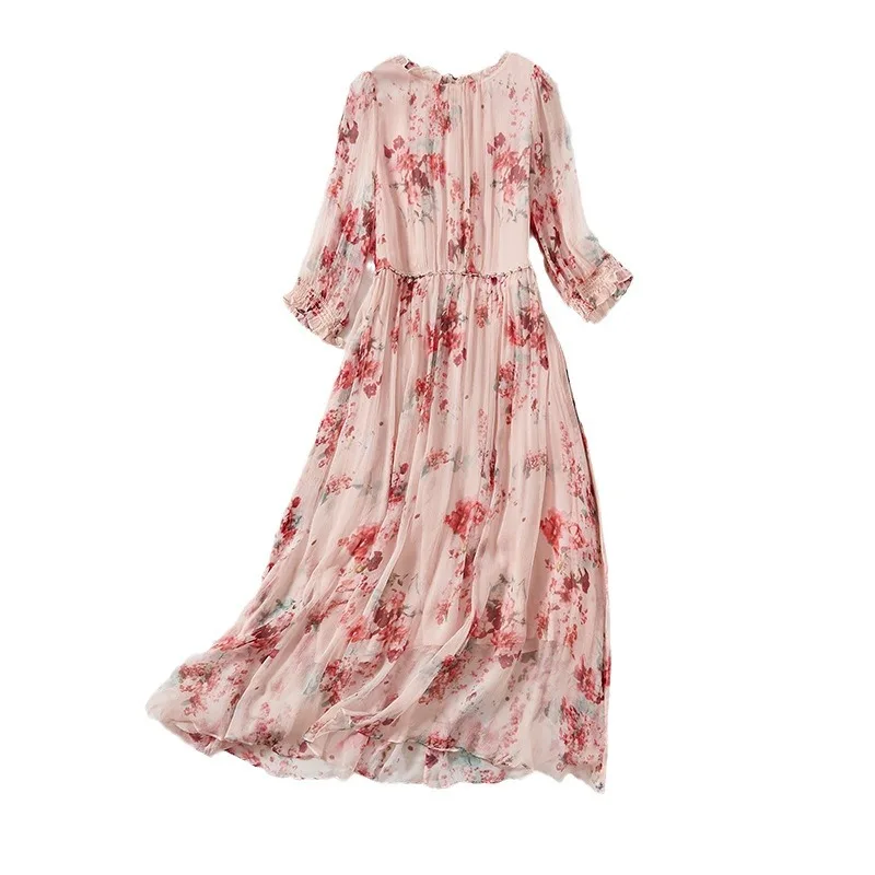 Robe Georgette inj pour femmes, manches mi-longues, taille slim, robe midi Mulberry à imprimé floral, 100%, 81010