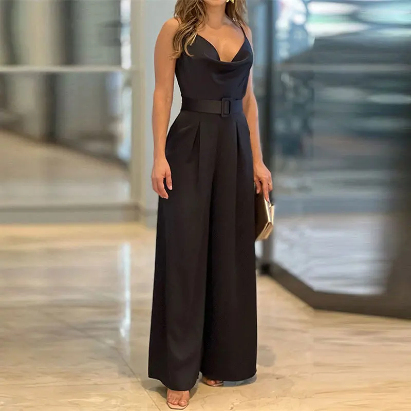 A must-have for white-collar workers, women's commuting hanging neck hollow slim waist belt hanging neck jumpsuit