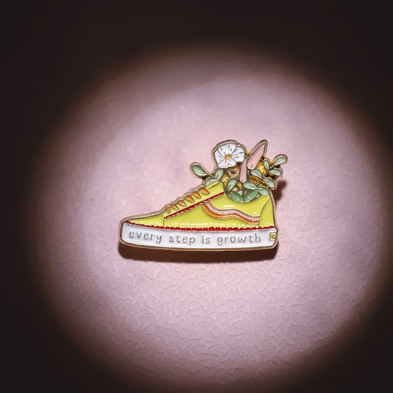 Cartoon Creative Fun Flower Board Shoes Enamel Pin Every Step is Growth English Letter Brooches Lapel Badges Jewelry Gifts