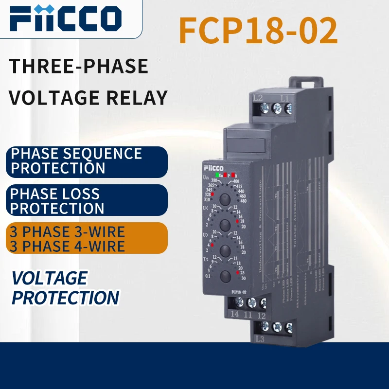 

Fiicco FCP18-02 3P3W/3P4W Phase Sequence Relay with Over/Under Voltage Protection, Failure Detection, Adjustable Time Delay