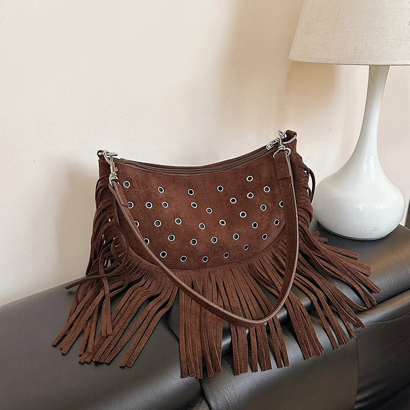 

Half Moon Studded Shoulder Bag Hollow Tassel Cloud Dumpling Bags for Women Handbags Faux Suede Rivet Crossbody Bag Clutch NEW