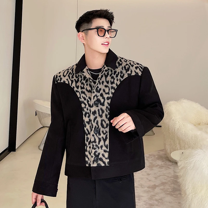 

Retro Sle Men's Jaet Autumn Winter ort Length Patchwork Leopard Print Korean Version Street Sle Hair St Trendy