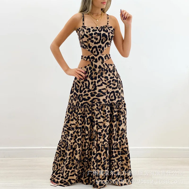 Sling Summer Dresses Women Leopard Long Halter Spring Maxi Party Prom Dress Night High Waist Casual Sexy Elegant Vestidos