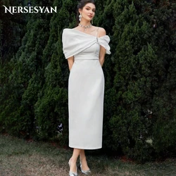 Nersesyan Elegant Solid Wedding Dresses Off Shoulder Bow Pleated Glitter Sheath Bridal Gowns Backless Tea Length Bride Dress