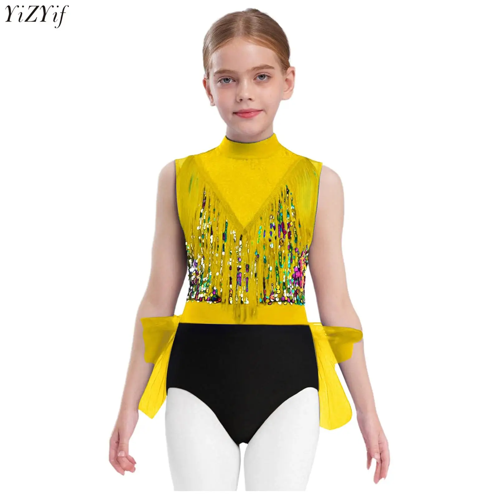 

Kids Girls Tassels Shiny Sequins Latin Jazz Dance Bodysuit Sleeveless Cutout Back Color Block Leotard Stage Performance Costume