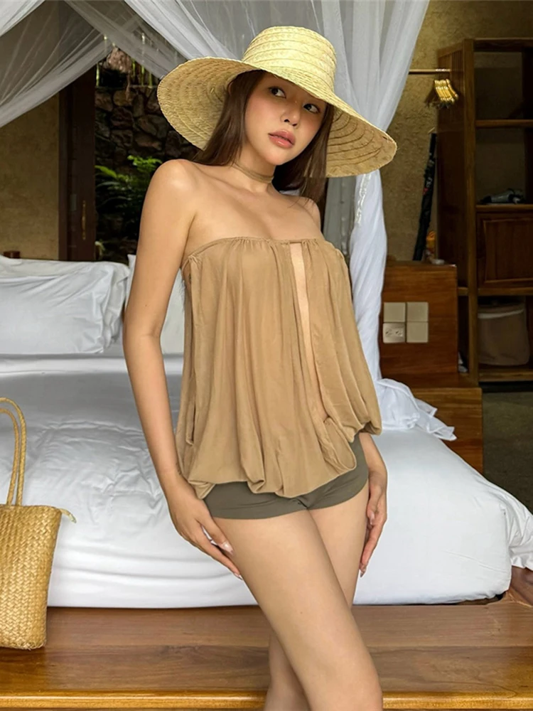 Nibber Draps Tops mujeres Split Solid Wrap Sexy Slim Beach Party sin tirantes vacaciones Simple clásico calle medianoche Hottie trajes