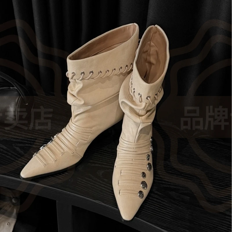 New Arrival Women's Shoes Retro Pointed Toe High Heel Boots for Woman Exquisite Buckle Mid Calf Boots Designer Shoes Botas Mujer