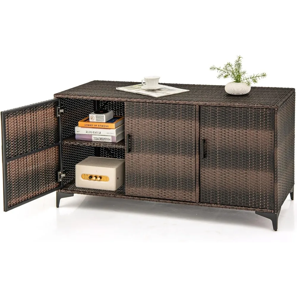 

84-Gallon Outdoor Storage Box - Wicker Rattan 3-Door Patio Storage Cabinet Container w/Removable Shelves for Cushions, Garden T