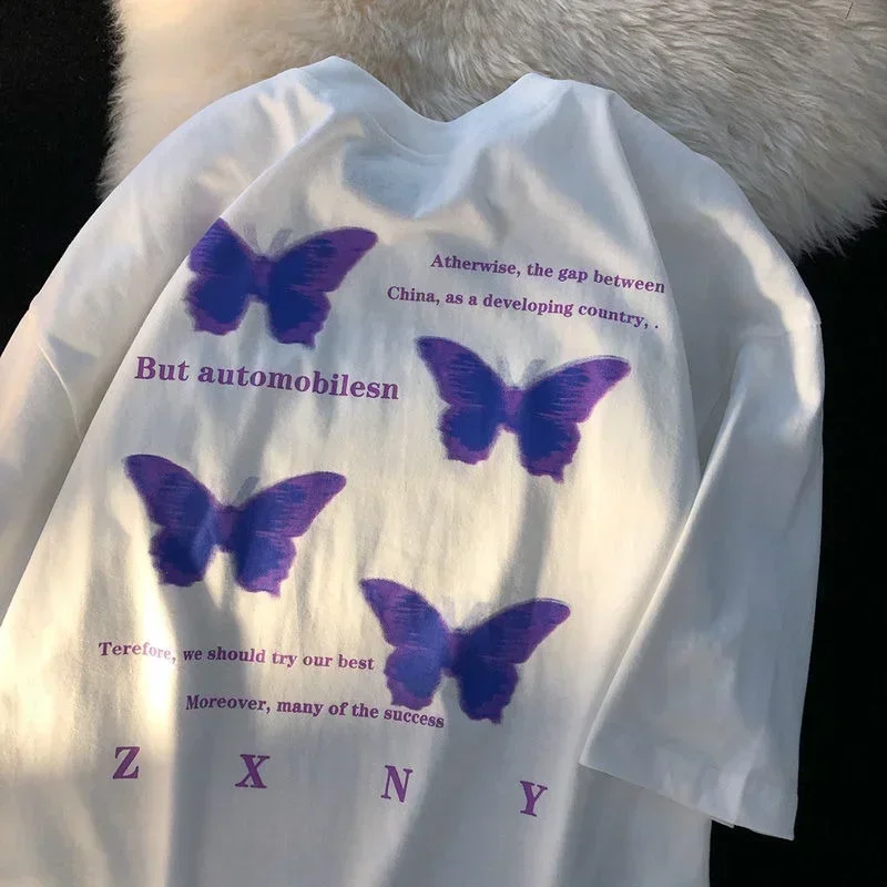 Women's T Shirt Aesthetic Purple Butterfly Letter Print Short Sleeve Oversized T Shirt Sweet Girl Streetwear Harajuku Y2k Tops