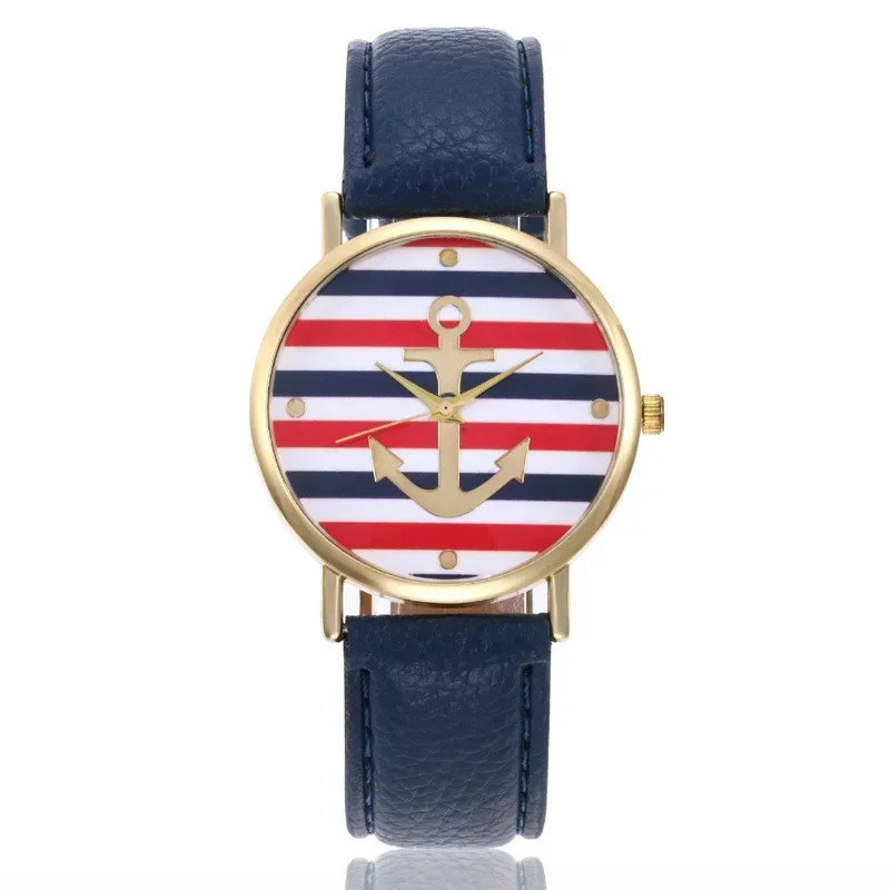 Watch Women Men Minimalist Striped Anchor Belt PU Leather Quartz Watches Multicolor Casual Watch Female Relogio Feminino Buckle